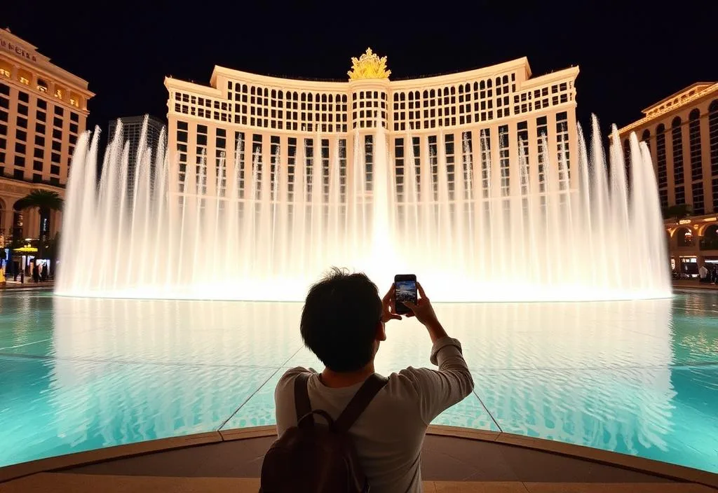 A person taking a photo in front of the Bellagio fountains