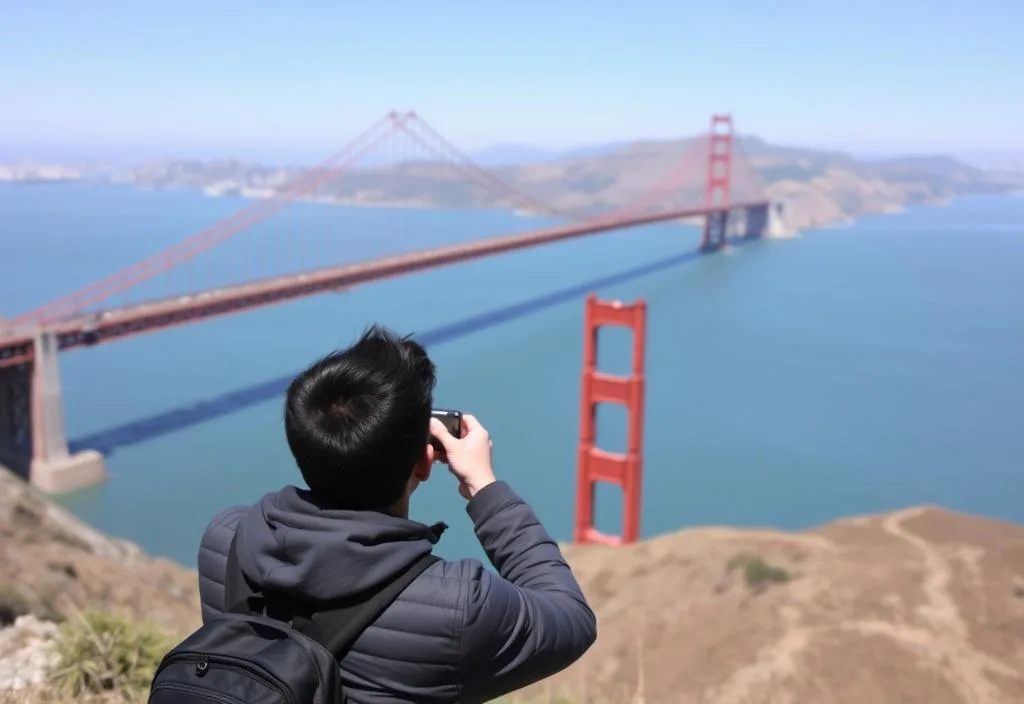 A person taking a photo in front of the Golden Gate Bridge