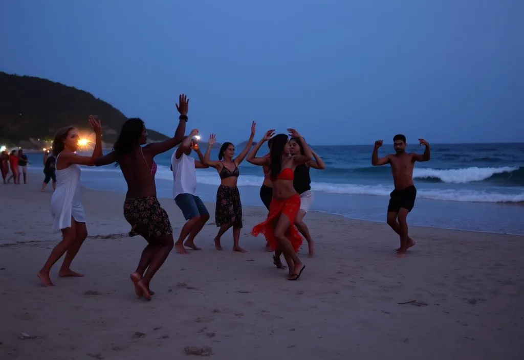 A group of people dancing on the beach at night