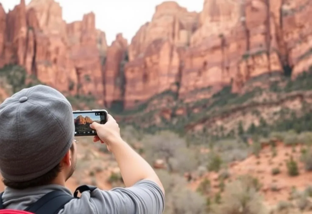 A person taking a photo in front of the iconic Zion rock formation