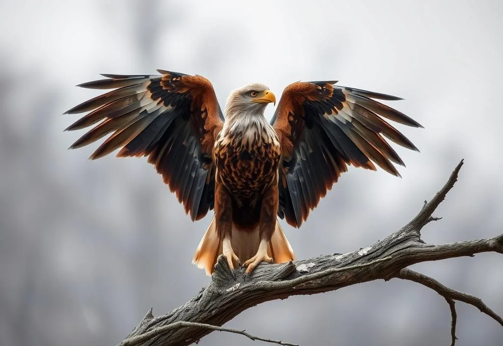 A golden eagle perched on a tree branch, with its wings spread wide