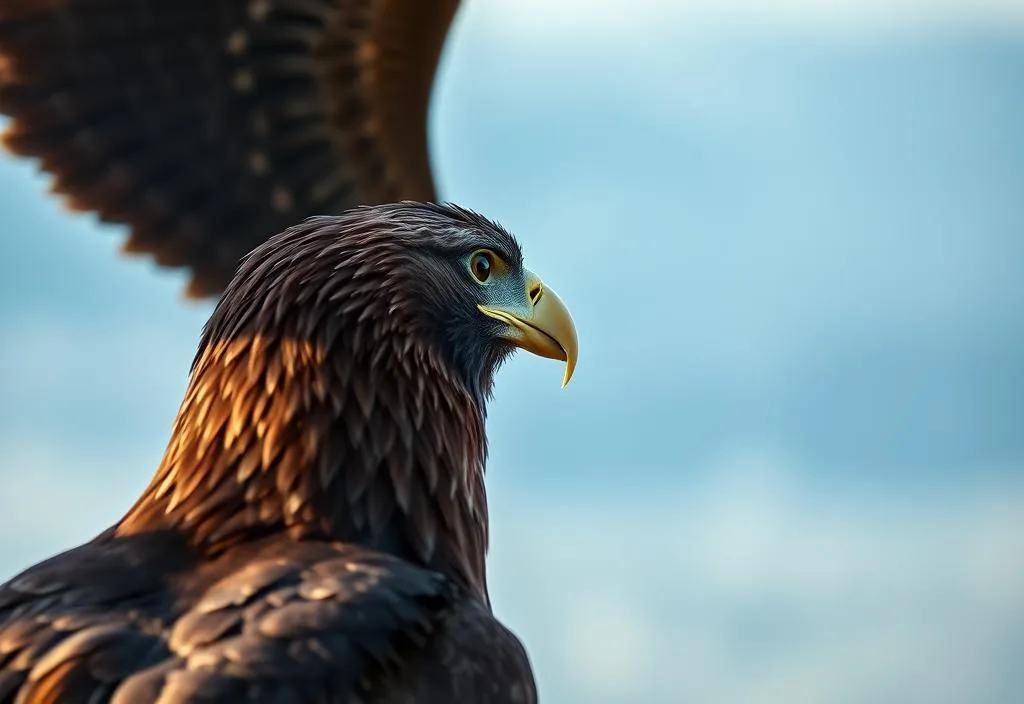 An eagle gazing out at the horizon, with its eyes focused intently on the distance