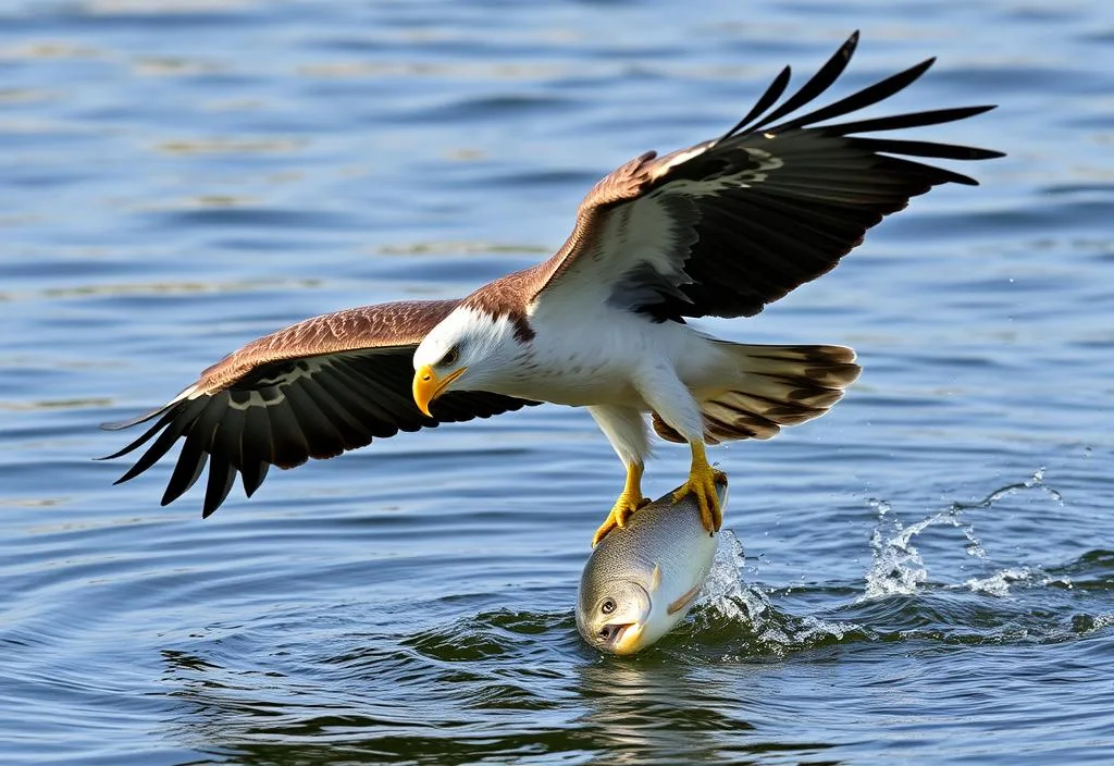 An eagle swooping down to grab a fish from the water