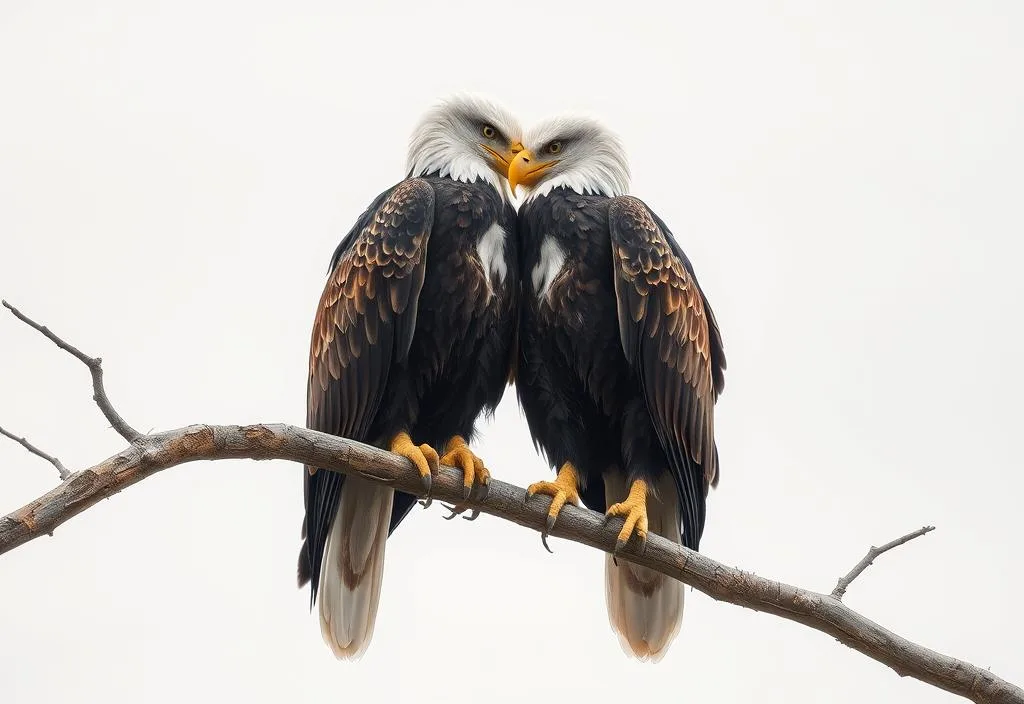 A pair of eagles perched together on a tree branch, with their heads entwined