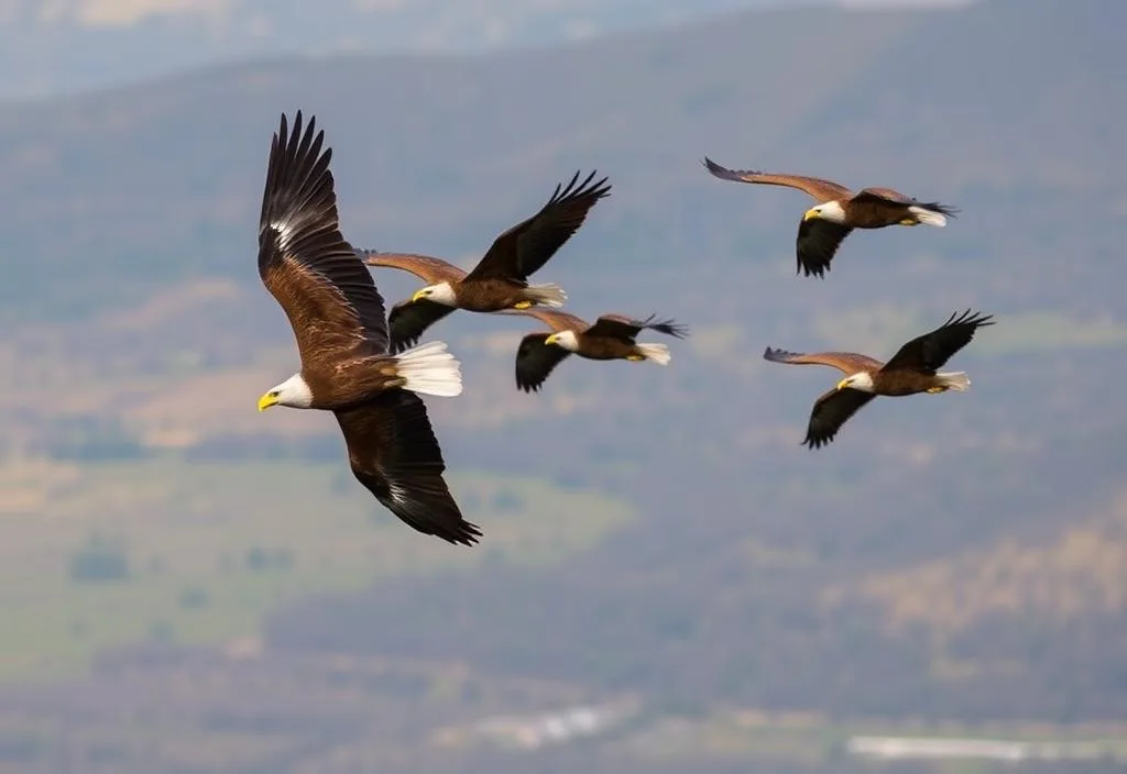 A flock of eagles in flight, soaring over a vast landscape