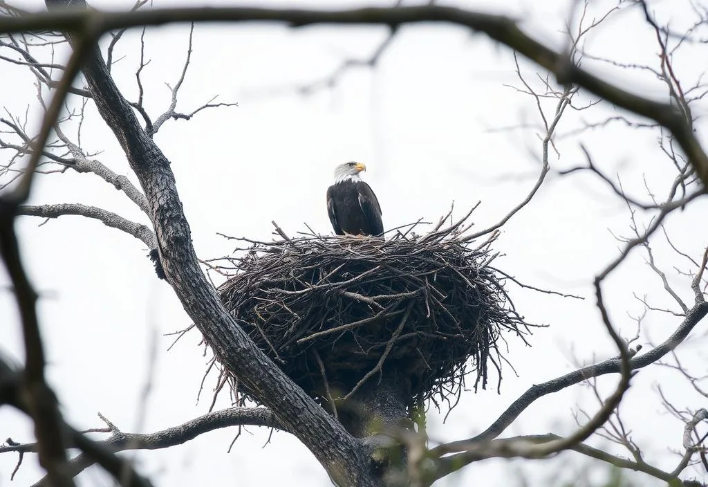 A majestic eagle's nest perched high in a tree, with twigs and sticks visible