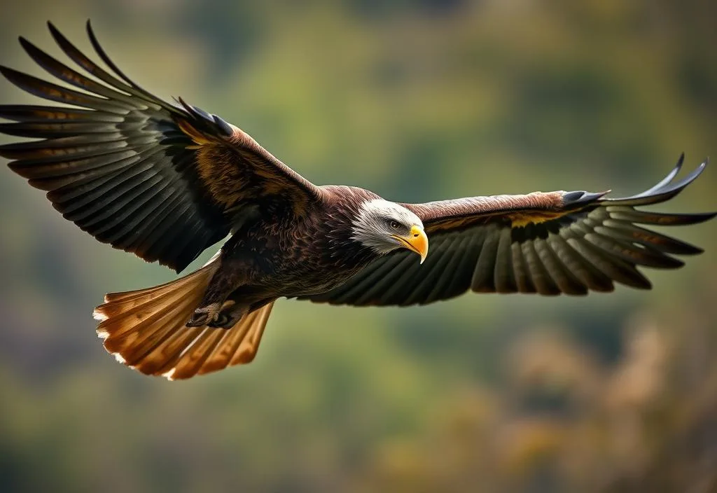 An eagle in flight, with its wings spread wide and its feathers ruffled