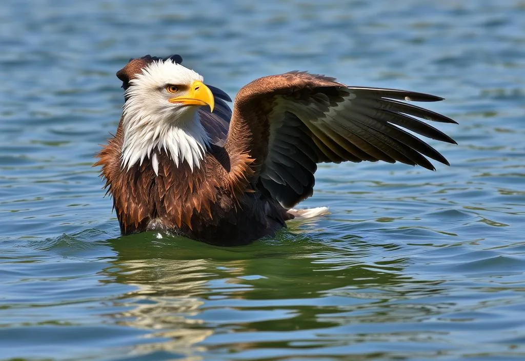 An eagle swimming in the water, with its feathers ruffled and its wings spread wide