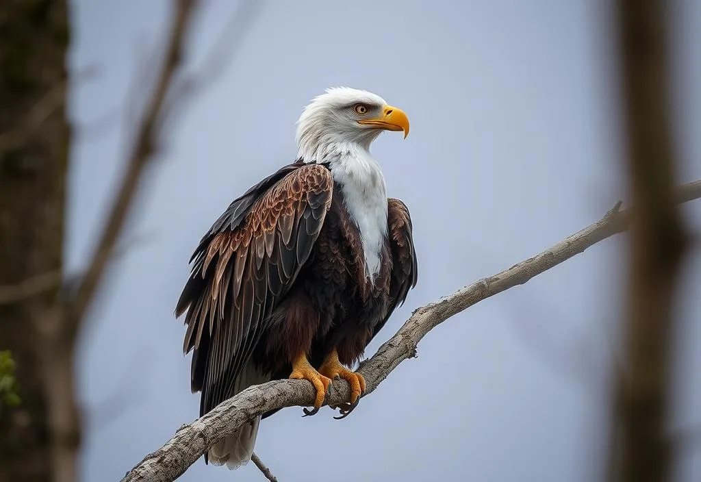 A mature eagle perched on a tree branch, with its feathers ruffled and its eyes gazing out at the horizon