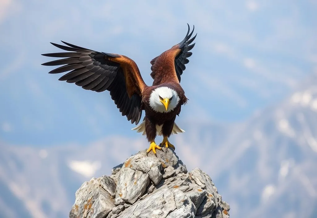 An eagle perched on a mountain peak, with its wings spread wide and its feathers ruffled