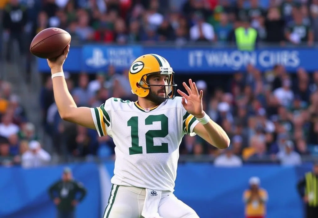 Aaron Rodgers in action, throwing a touchdown pass