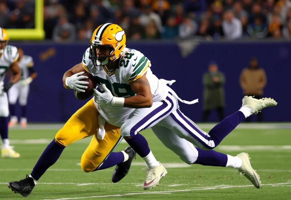 A Vikings defender struggling to tackle a Packers running back