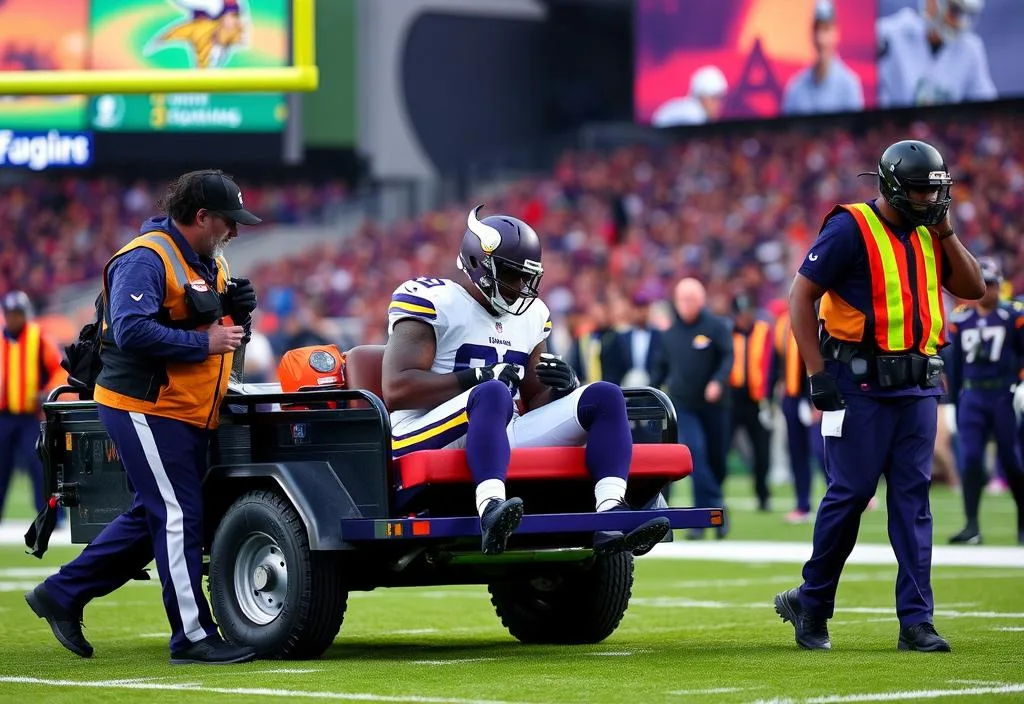 A Vikings player being carted off the field with an injury