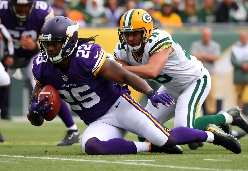 A Vikings player fumbling the ball, leading to a Packers turnover