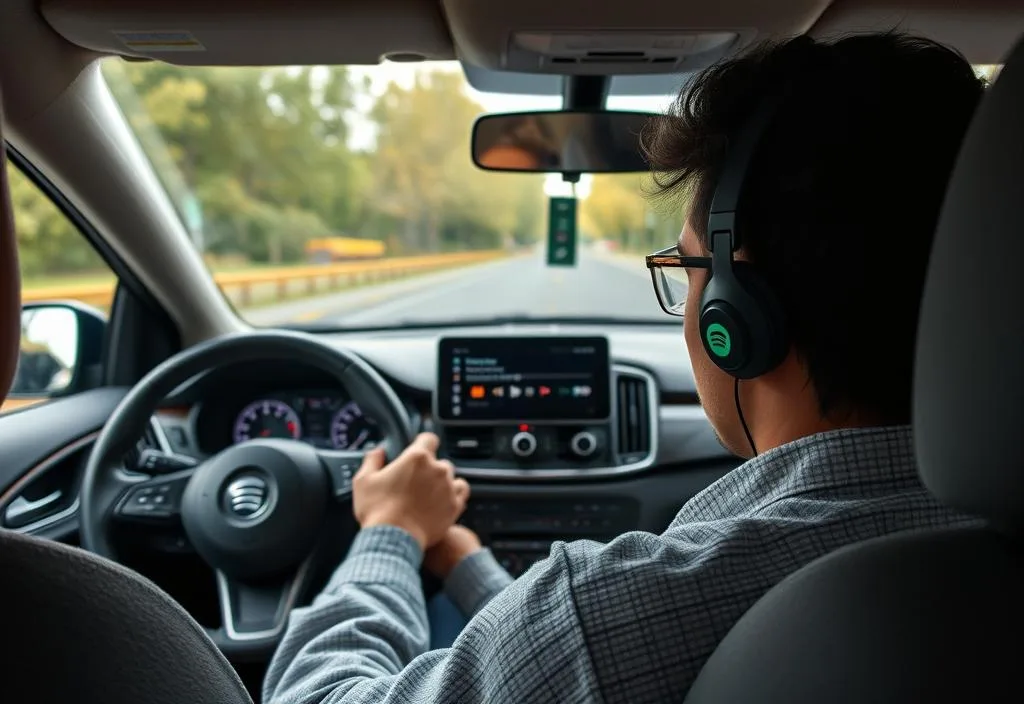 A driver controlling their music playback using Spotify Car View