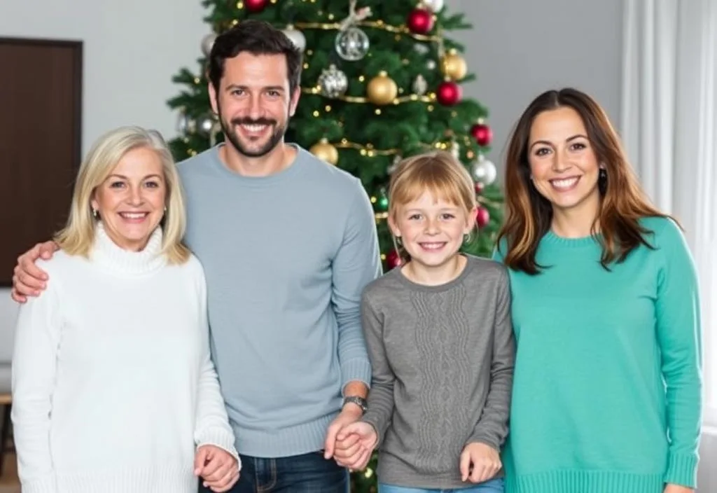 A family of four smiling and holding hands, standing in front of a Christmas tree.