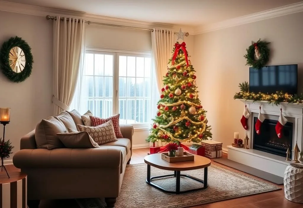 A beautifully decorated living room with a Christmas tree, stockings, and lights.