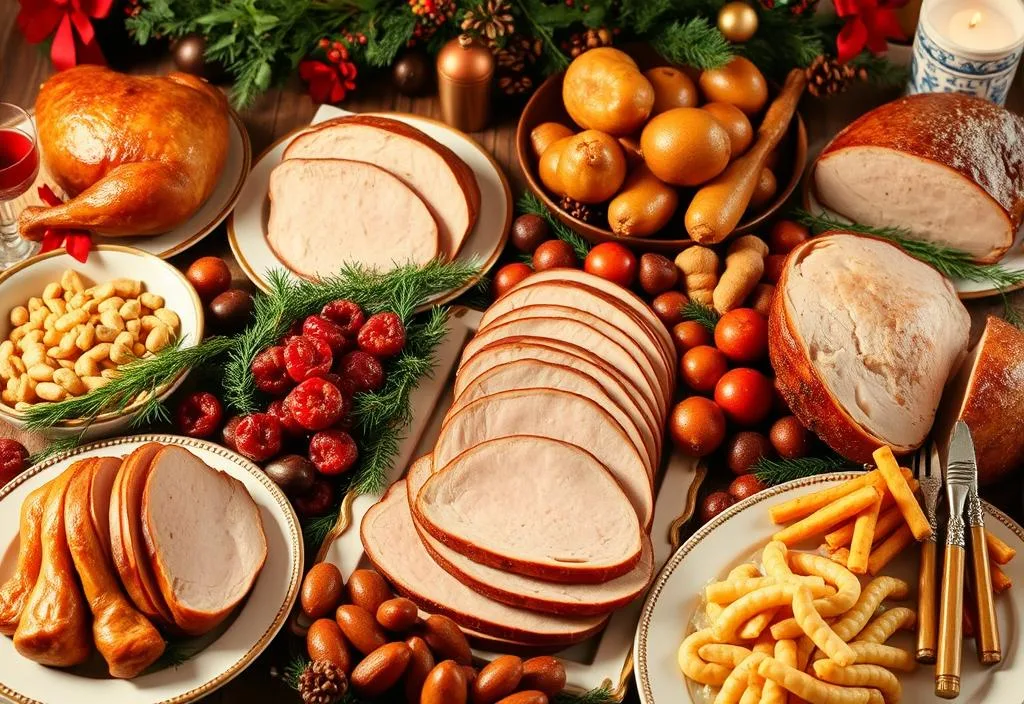 A delicious-looking Christmas dinner spread with turkey, ham, and all the trimmings.