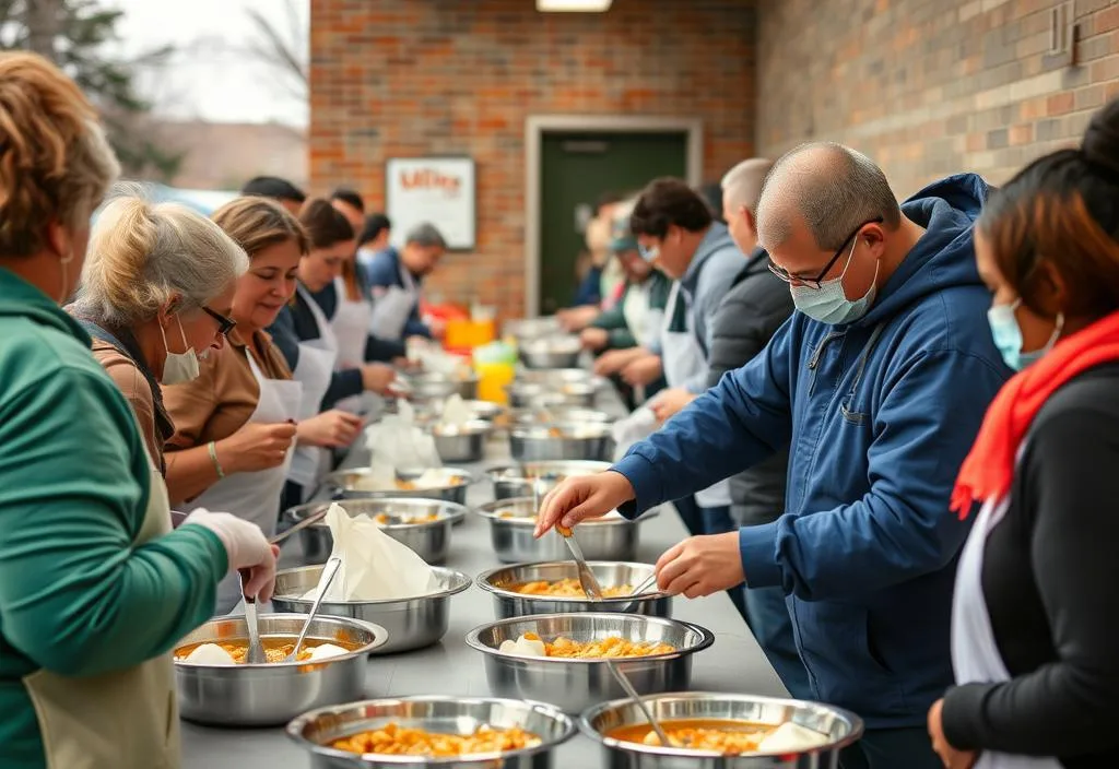 A group of people volunteering at a local soup kitchen, serving hot meals to those in need.