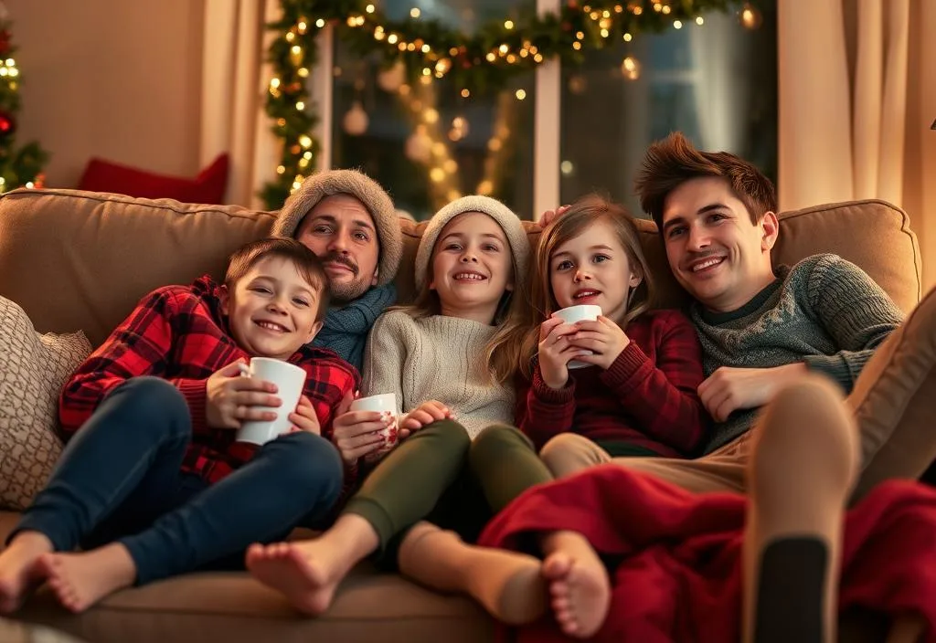 A family snuggled up on the couch, watching a holiday movie with hot chocolate and snacks.