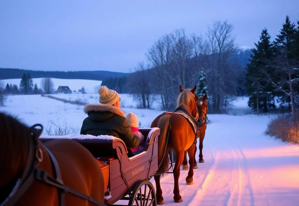 A horse-drawn sleigh ride through the snowy countryside, with a family snuggled up inside.