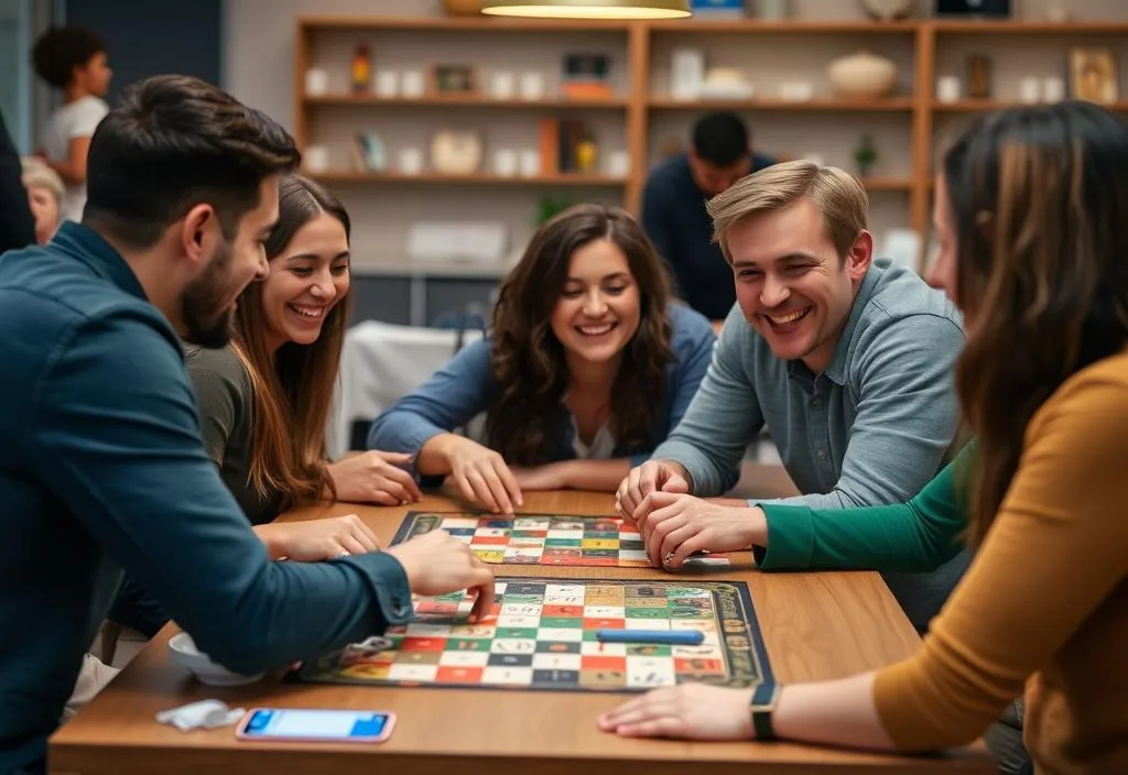 A group of people playing board games and laughing together.