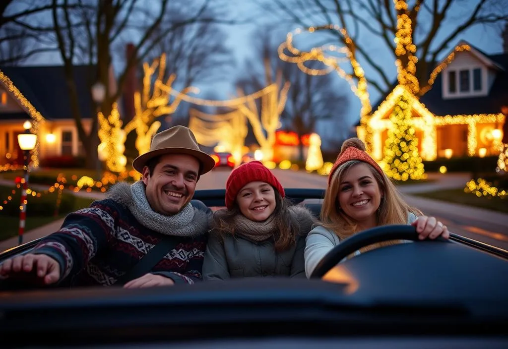 A family driving through a neighborhood with holiday lights, smiling and taking in the sights.