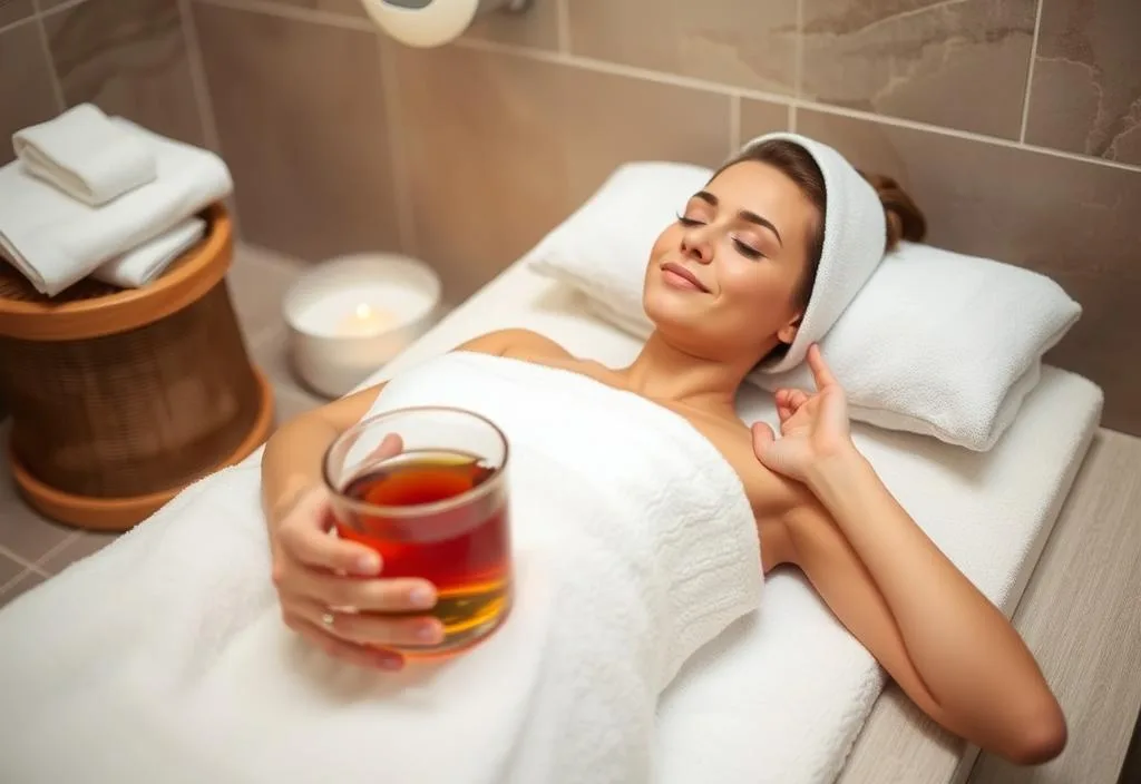 A person relaxing in a spa, with a warm towel and a cup of tea.