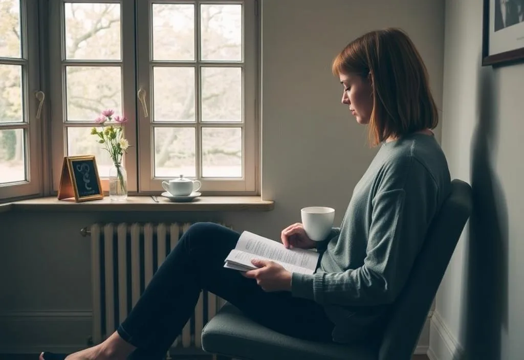 A person sitting in a quiet room, with a journal and a cup of tea.