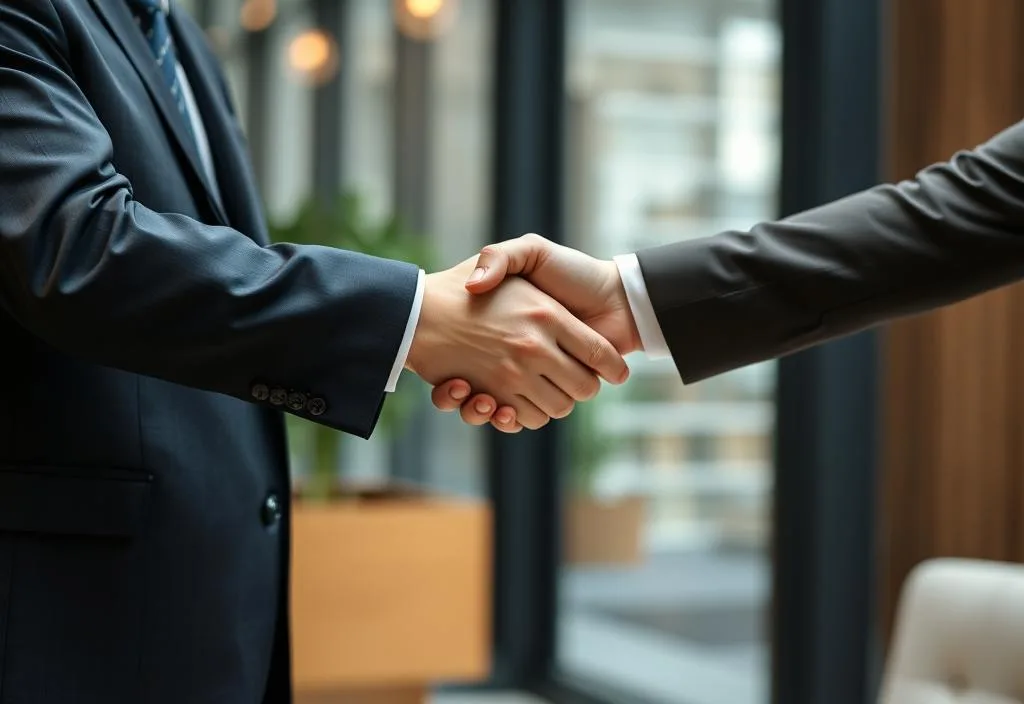 A photo of a lawyer shaking hands with a client