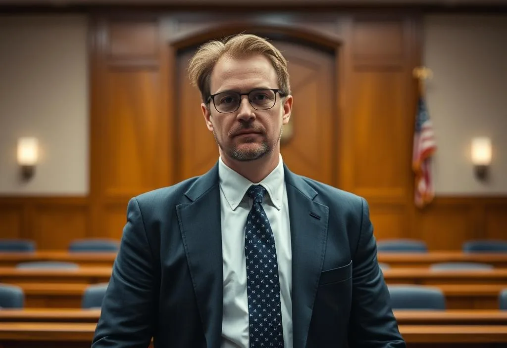 A photo of a lawyer in a courtroom