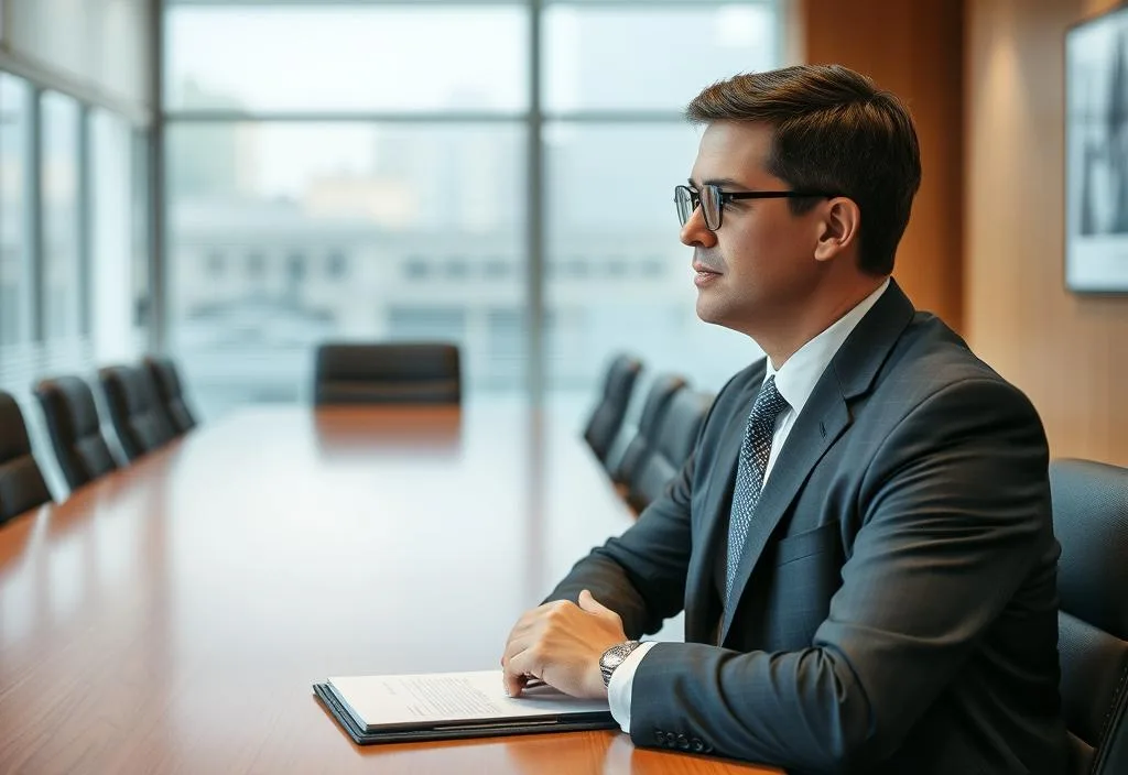 A photo of a lawyer in a conference room