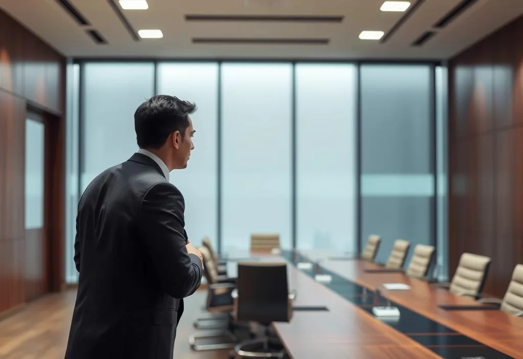 A photo of a lawyer in a conference room