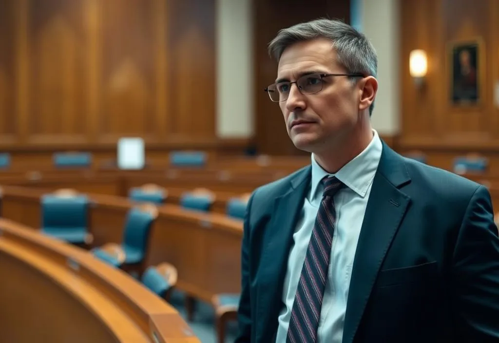 A photo of a lawyer in a courtroom