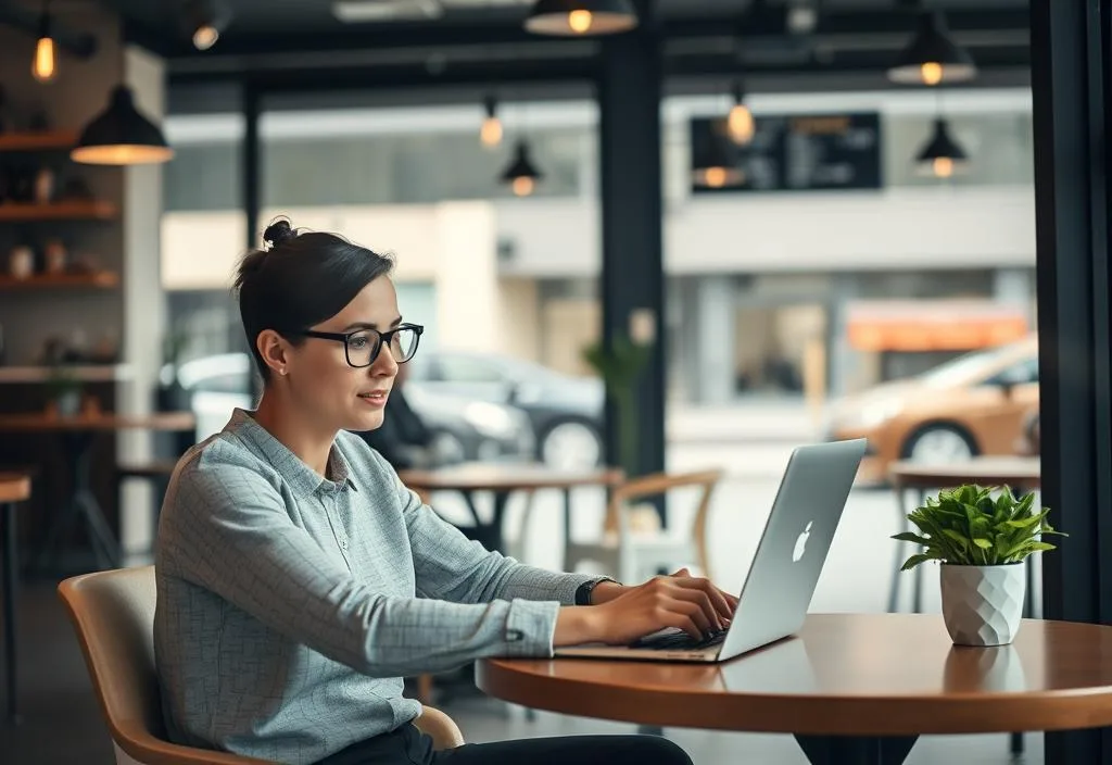 A person working remotely from a coffee shop