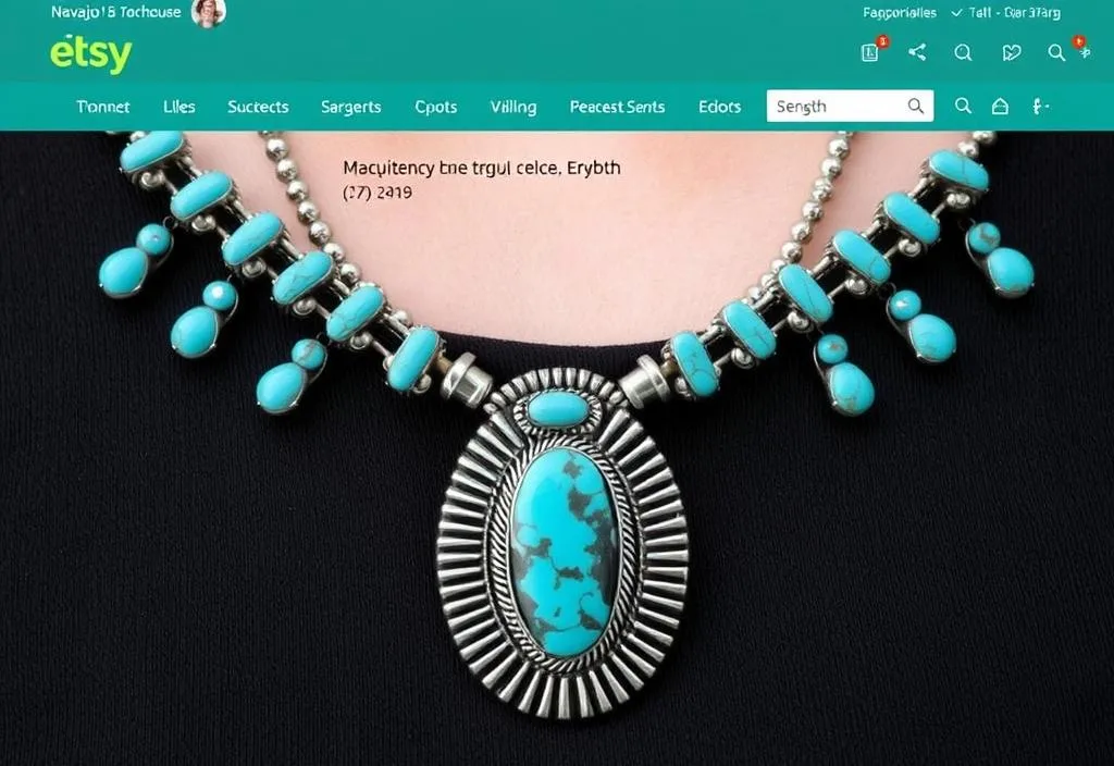 A screenshot of an Etsy listing for a Navajo turquoise necklace