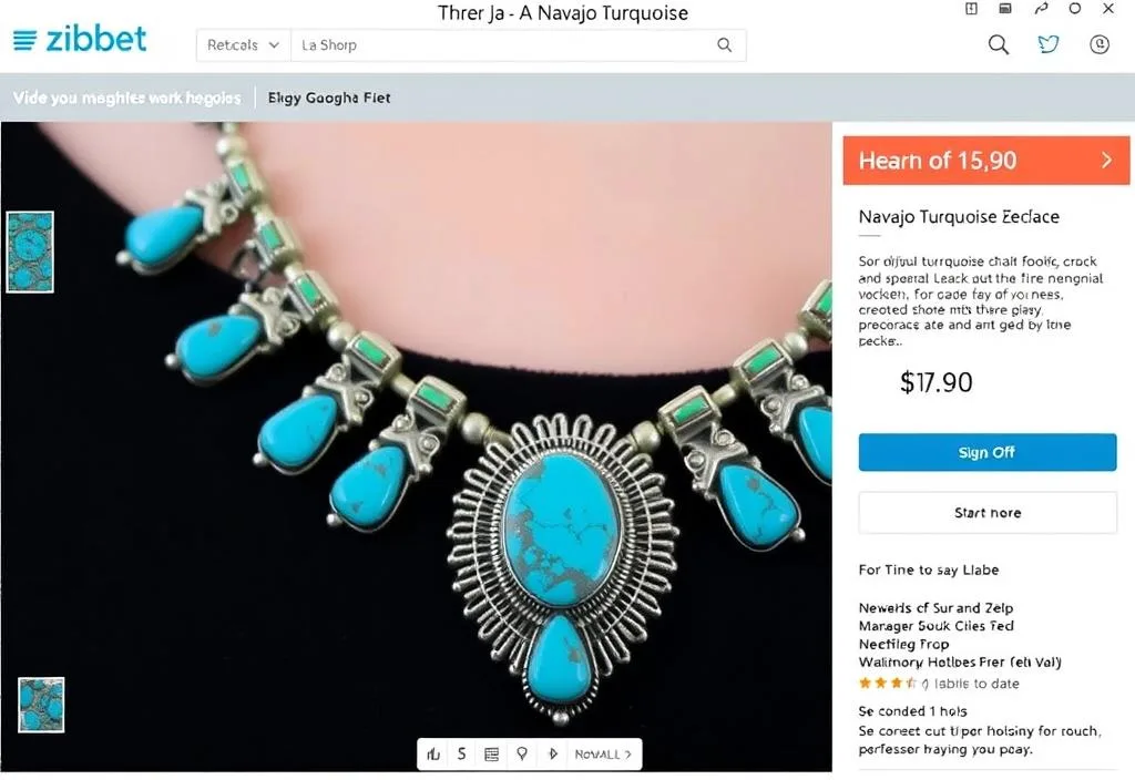 A screenshot of a Zibbet listing for a Navajo turquoise necklace