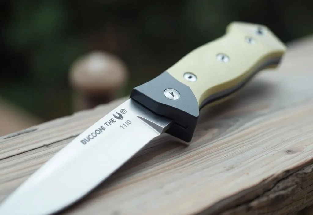 A close-up of the Buck 110 Folding Hunter knife