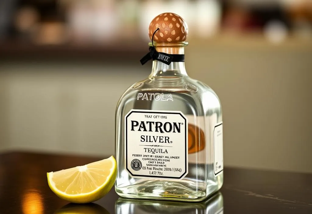 A bottle of Patron Silver tequila on a table with a lime wedge