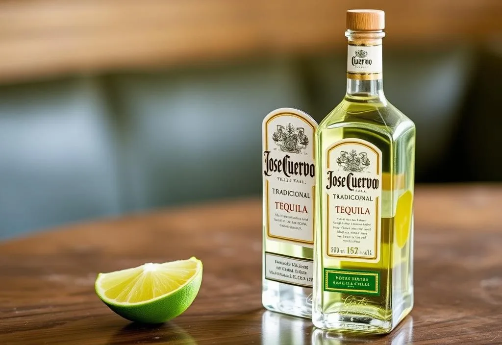 A bottle of Jose Cuervo Tradicional tequila on a table with a lime wedge