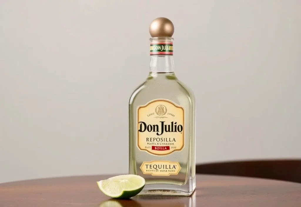 A bottle of Don Julio Reposado tequila on a table with a lime wedge