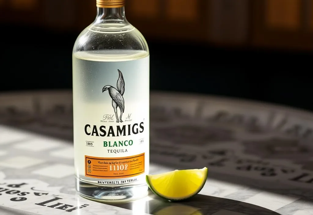 A bottle of Casamigos Blanco tequila on a table with a lime wedge