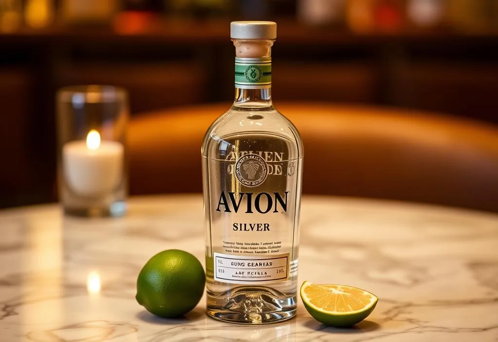 A bottle of Avion Silver tequila on a table with a lime wedge