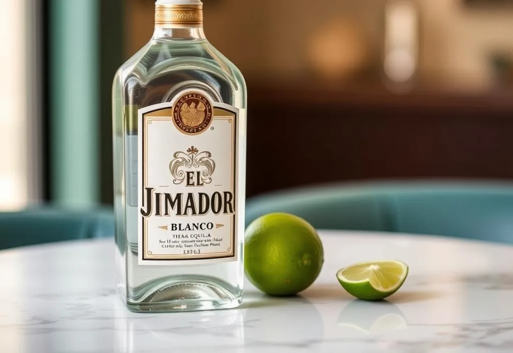 A bottle of El Jimador Blanco tequila on a table with a lime wedge