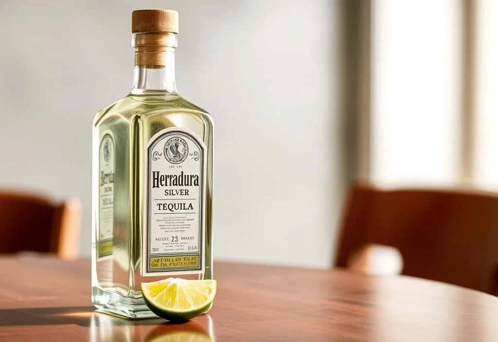 A bottle of Herradura Silver tequila on a table with a lime wedge