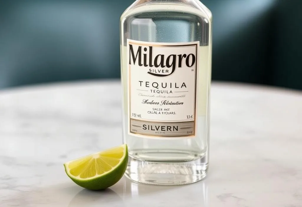 A bottle of Milagro Silver tequila on a table with a lime wedge