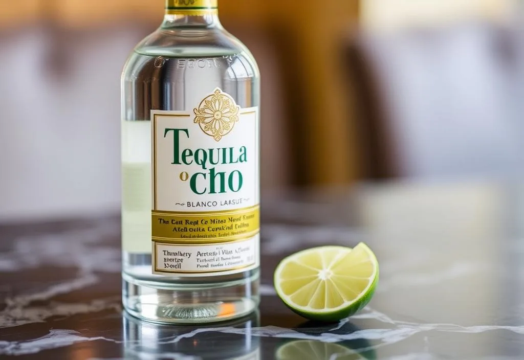 A bottle of Tequila Ocho Blanco tequila on a table with a lime wedge