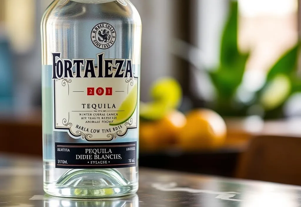 A bottle of Fortaleza Blanco tequila on a table with a lime wedge