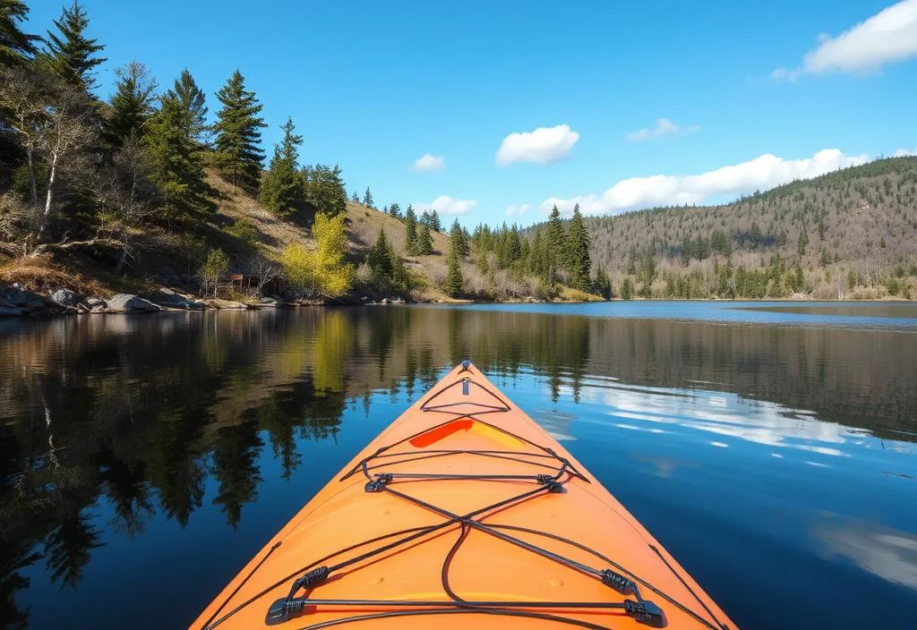 A kayak on a calm lake in spring