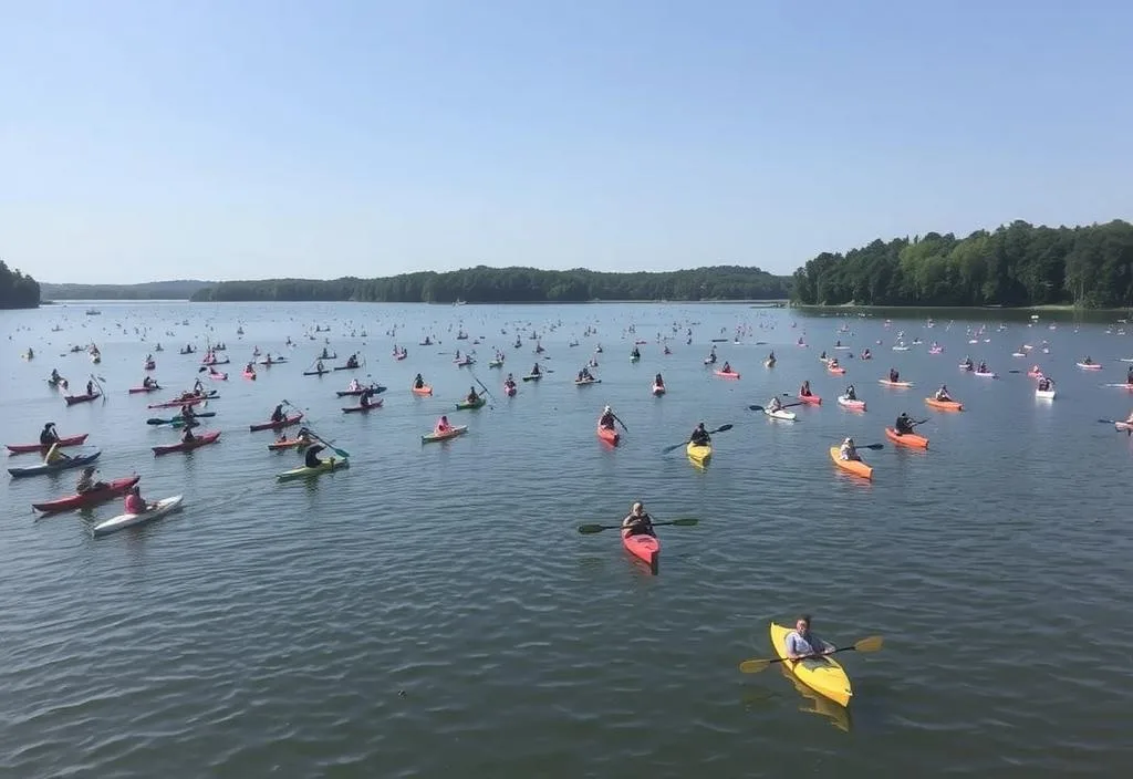 A crowded lake with kayaks and paddleboards